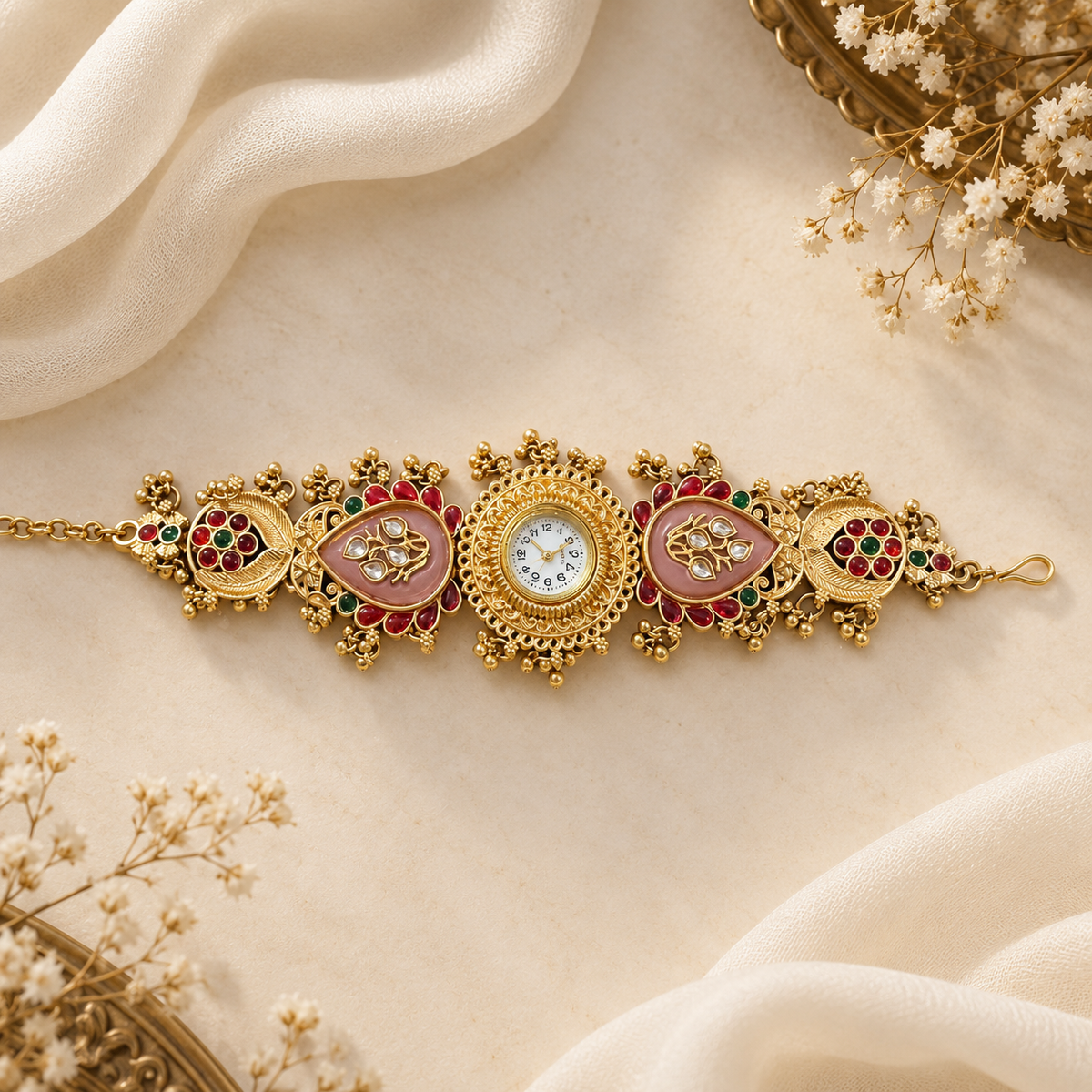 Ethnic Heritage Designer Timepiece - Peach Kundan Pair