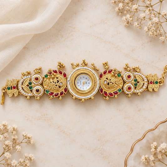 Gold Temple Watch with Owl Motifs & Gemstone Accents