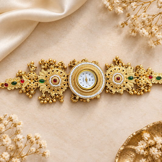 Floral Gold Temple Watch with Ruby-Emerald Stones & Pearl Detailing