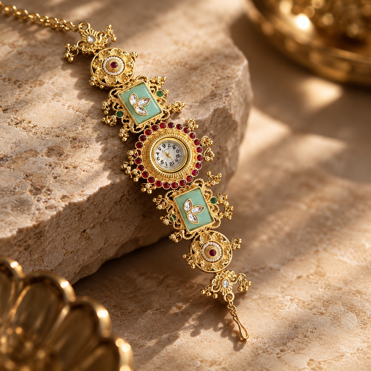 Ethnic Watch Jewelry with Pastel Mint Stone Accents