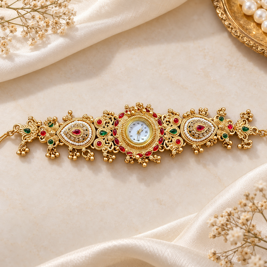 Gold Temple Watch with Kundan Work, Pearls, and Ruby-Emerald Accents