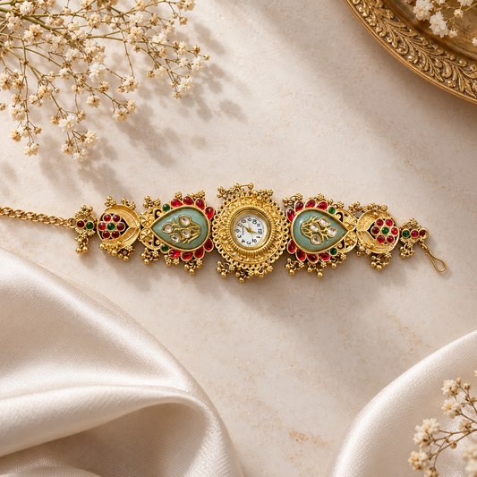 Ethnic Heritage Designer Timepiece - Mint Kundan Pair