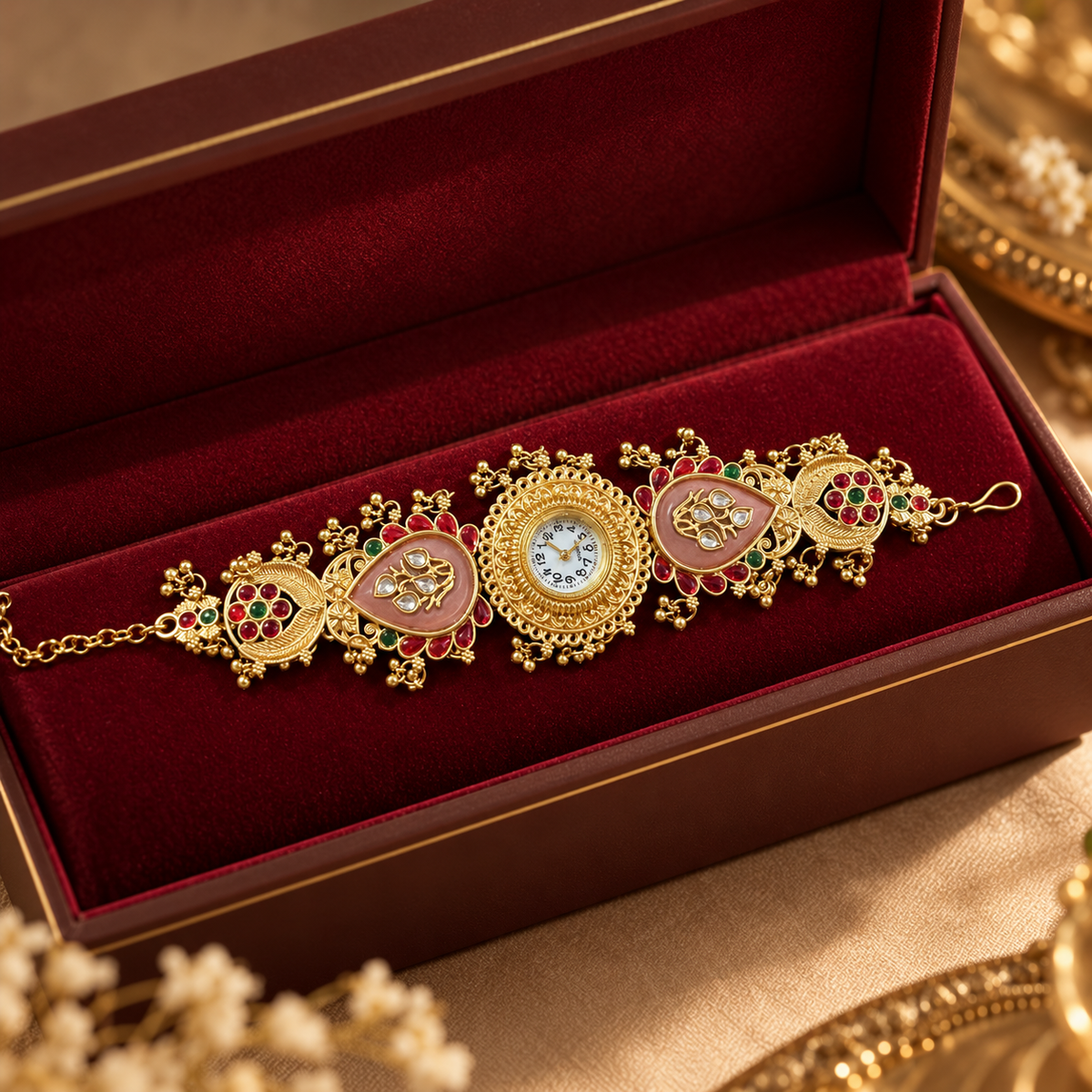 Ethnic Heritage Designer Timepiece - Peach Kundan Pair