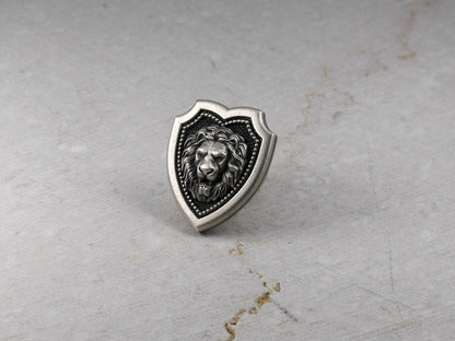 Lion Head Shield Pin Brooch, Medieval Lapel Badge, Jewelry Accessories, Sterling Silver