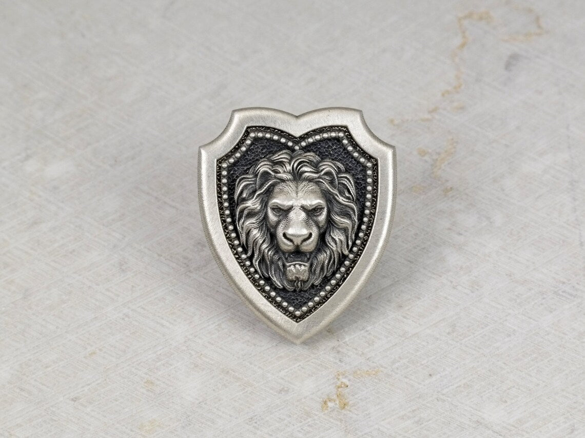 Lion Head Shield Pin Brooch, Medieval Lapel Badge, Jewelry Accessories, Sterling Silver