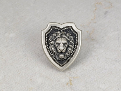 Lion Head Shield Pin Brooch, Medieval Lapel Badge, Jewelry Accessories, Sterling Silver