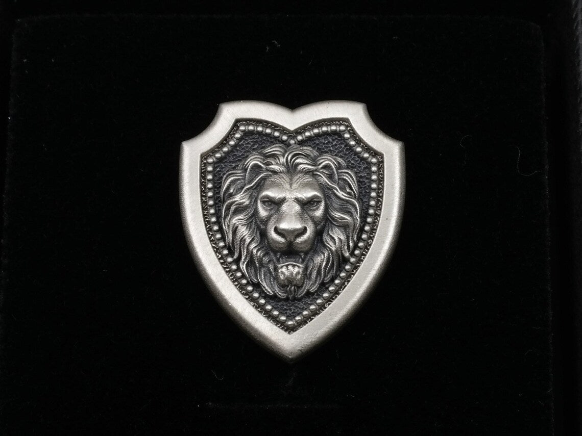 Lion Head Shield Pin Brooch, Medieval Lapel Badge, Jewelry Accessories, Sterling Silver