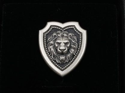Lion Head Shield Pin Brooch, Medieval Lapel Badge, Jewelry Accessories, Sterling Silver