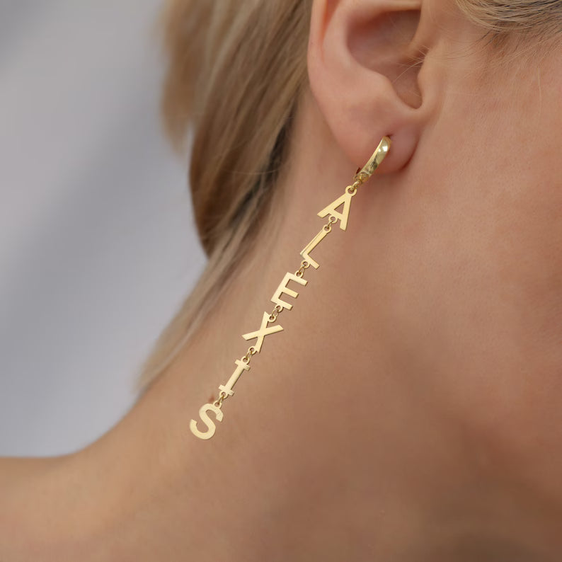 Gold Vertical Name Earrings Gold - Custom Name Stud Earrings - Personalized Gift - Gift For Her - Custom Earring