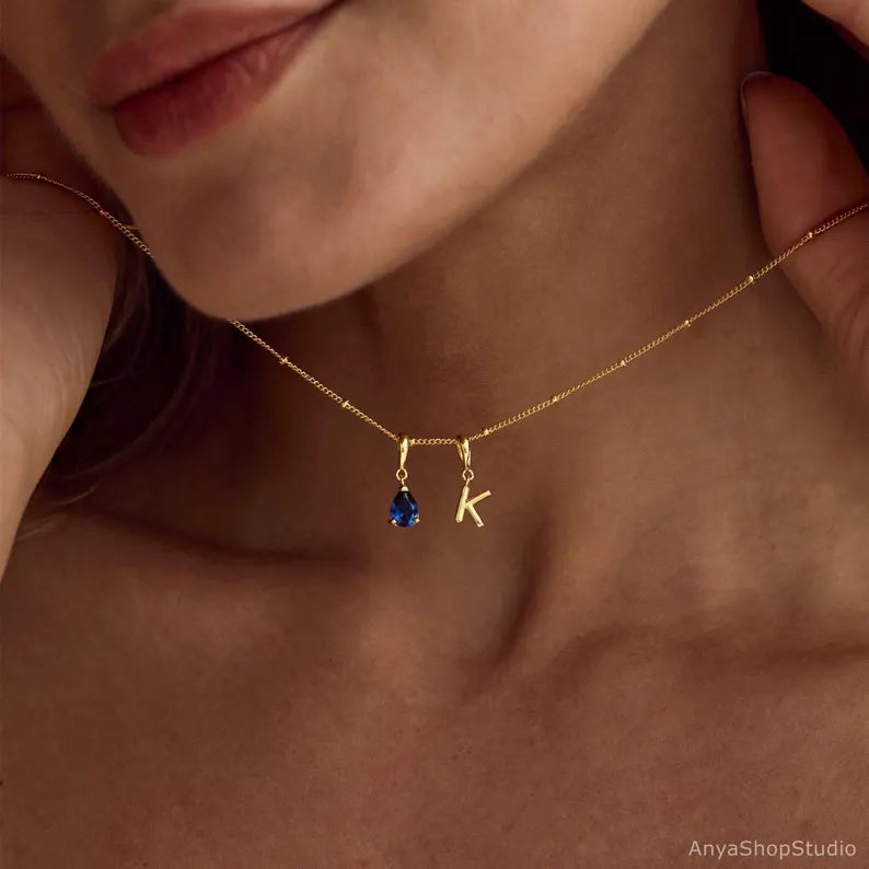 Custom Initial Bubble Necklace with Birthstone Charm