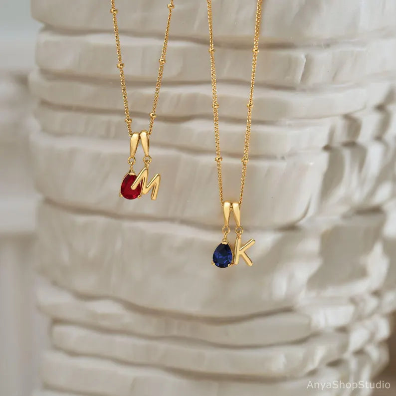 Custom Initial Bubble Necklace with Birthstone Charm