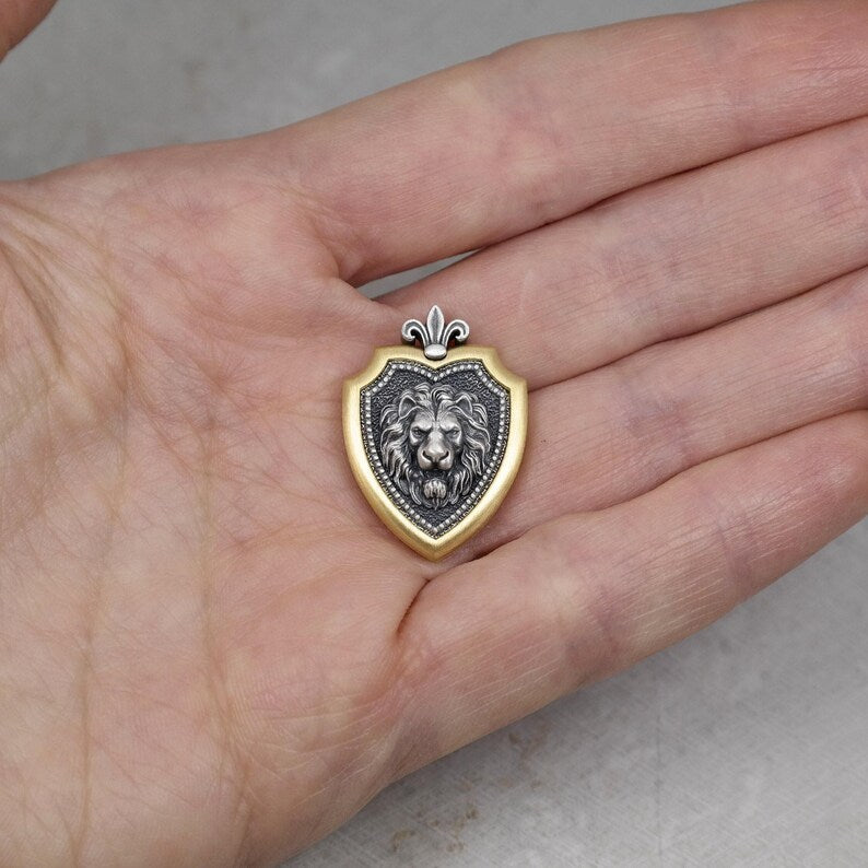 Leo Zodiac Lion Shield Brooch Pin – Fleur-de-Lis Gold Plated Sterling Silver Lapel Badge