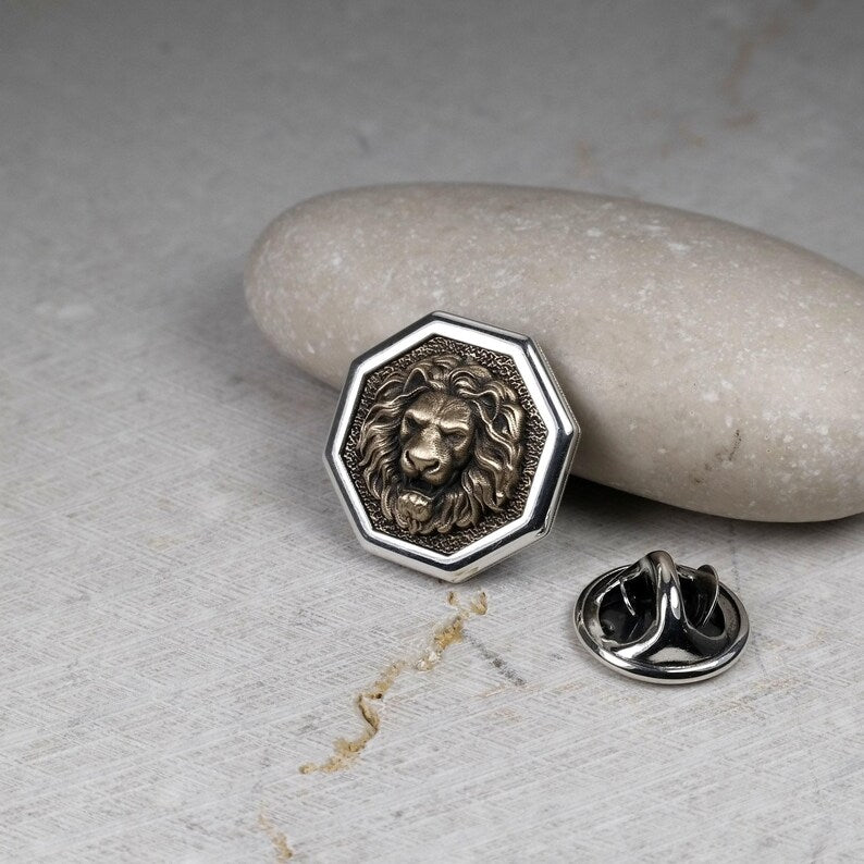 Octagon Pin Lion, Sterling Silver , Men's Brooch Pin, Lion Head, Medieval Pin, Jewelry Accessories, Lapel Badge, Wedding Men Gifts