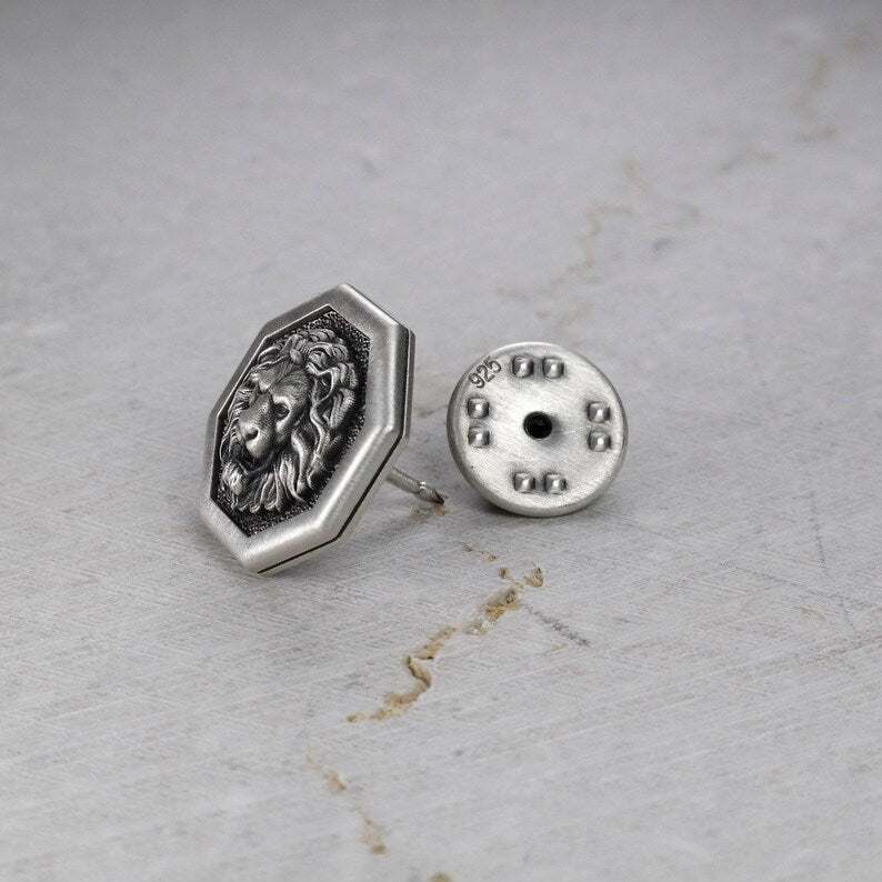 Octagon Pin Lion, Sterling Silver , Men's Brooch Pin, Lion Head, Medieval Pin, Jewelry Accessories, Lapel Badge, Wedding Men Gifts