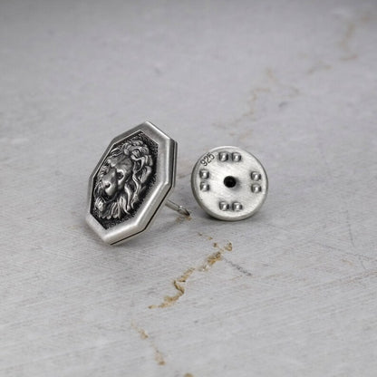 Octagon Pin Lion, Sterling Silver , Men's Brooch Pin, Lion Head, Medieval Pin, Jewelry Accessories, Lapel Badge, Wedding Men Gifts