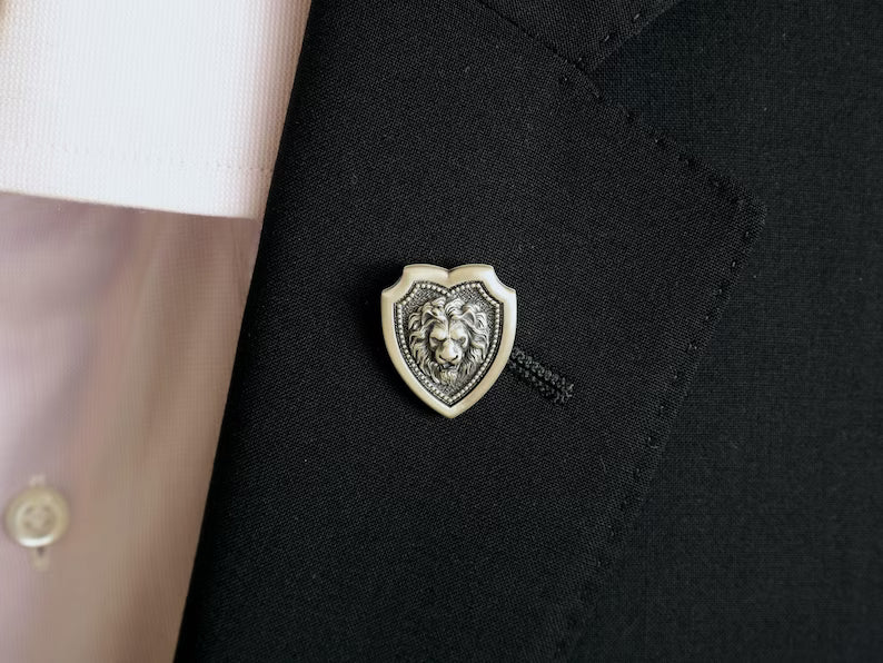 Lion Head Shield Pin Brooch, Medieval Lapel Badge, Jewelry Accessories, Sterling Silver