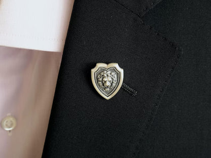 Lion Head Shield Pin Brooch, Medieval Lapel Badge, Jewelry Accessories, Sterling Silver