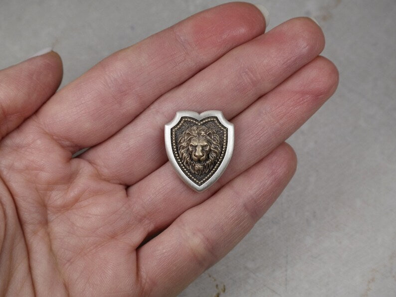 Lion Head Shield Pin Brooch, Medieval Lapel Badge, Jewelry Accessories, Sterling Silver
