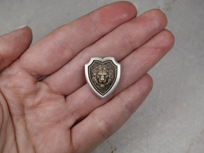 Lion Head Shield Pin Brooch, Medieval Lapel Badge, Jewelry Accessories, Sterling Silver