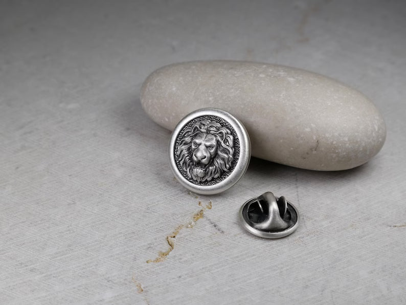 Round Lion Head Pin, Medieval Brooch, Lapel Badge, Gift for Him, Sterling Silver