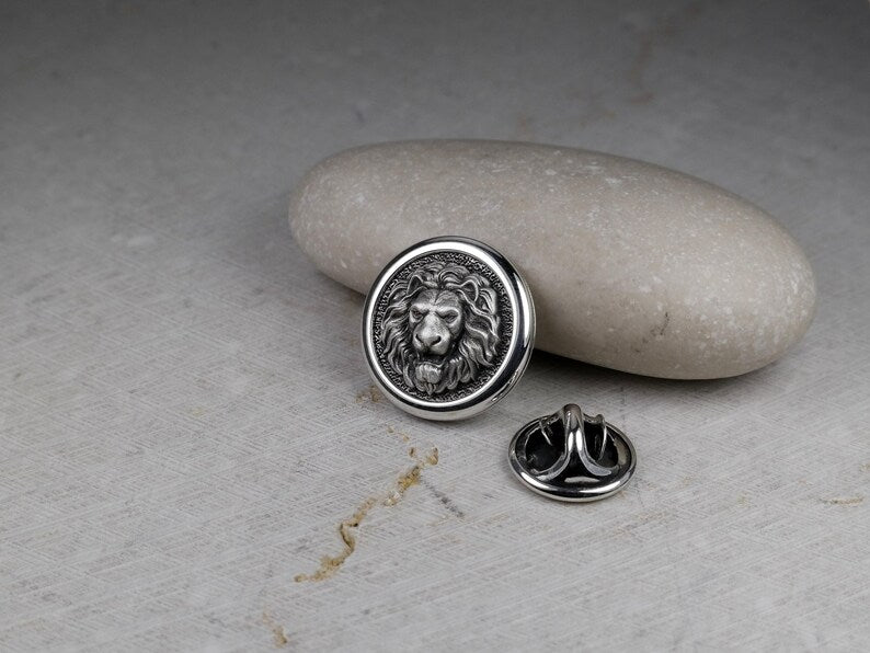 Round Lion Head Pin, Medieval Brooch, Lapel Badge, Gift for Him, Sterling Silver
