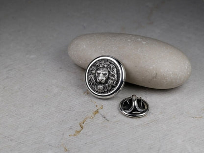Round Lion Head Pin, Medieval Brooch, Lapel Badge, Gift for Him, Sterling Silver