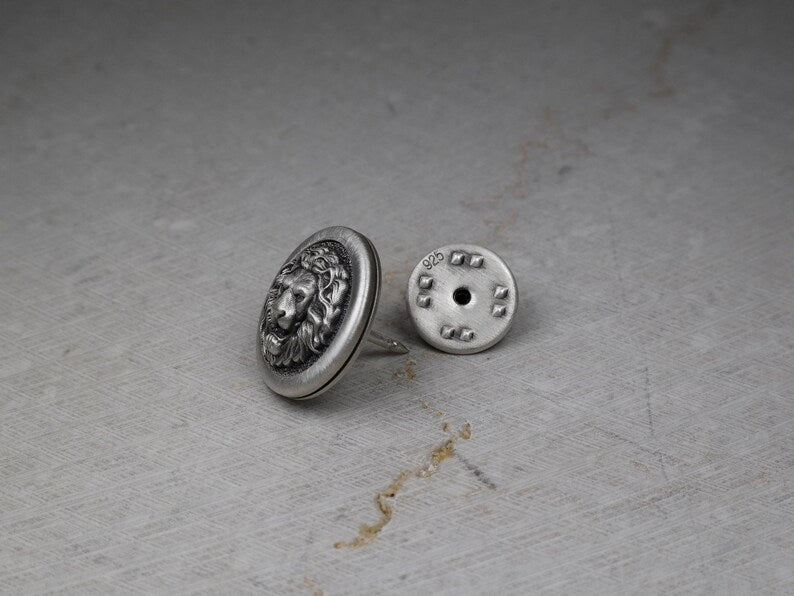 Round Lion Head Pin, Medieval Brooch, Lapel Badge, Gift for Him, Sterling Silver
