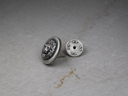 Round Lion Head Pin, Medieval Brooch, Lapel Badge, Gift for Him, Sterling Silver
