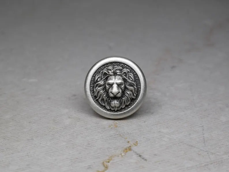 Round Lion Head Pin, Medieval Brooch, Lapel Badge, Gift for Him, Sterling Silver