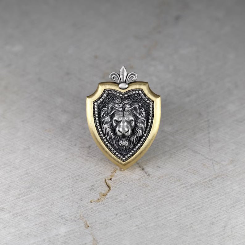 Leo Zodiac Lion Shield Brooch Pin – Fleur-de-Lis Gold Plated Sterling Silver Lapel Badge