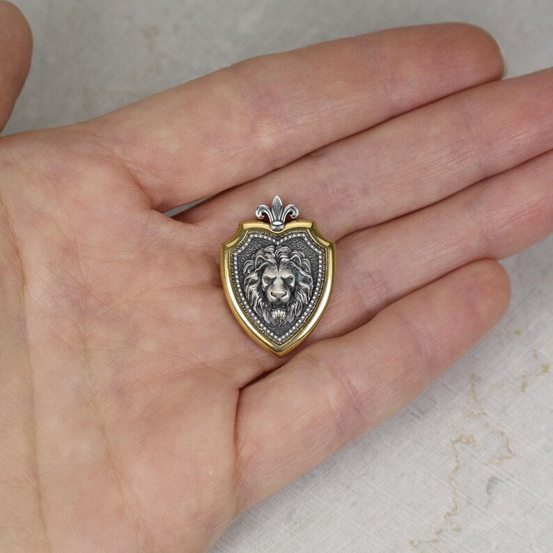Leo Zodiac Lion Shield Brooch Pin – Fleur-de-Lis Gold Plated Sterling Silver Lapel Badge