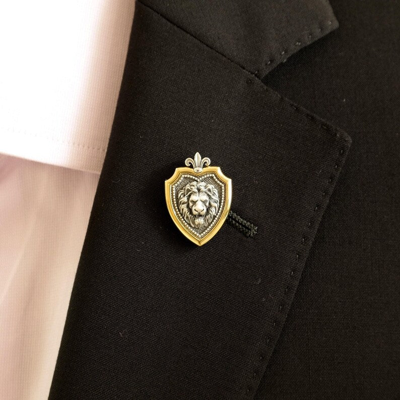 Leo Zodiac Lion Shield Brooch Pin – Fleur-de-Lis Gold Plated Sterling Silver Lapel Badge