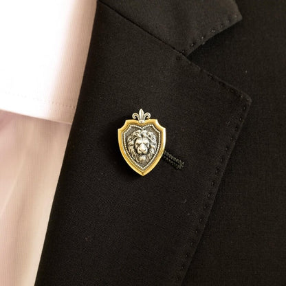 Leo Zodiac Lion Shield Brooch Pin – Fleur-de-Lis Gold Plated Sterling Silver Lapel Badge