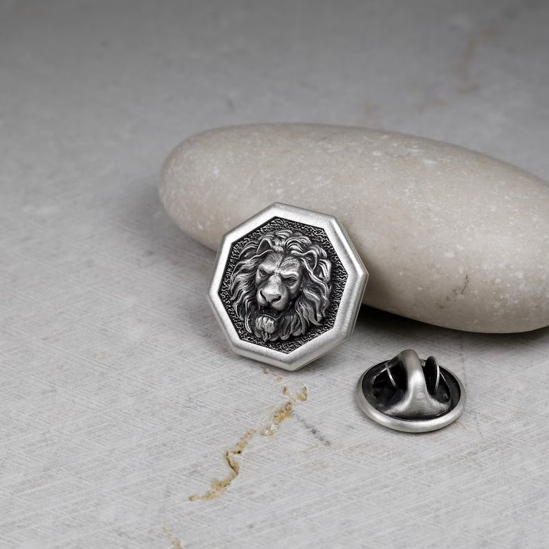 Octagon Pin Lion, Sterling Silver , Men's Brooch Pin, Lion Head, Medieval Pin, Jewelry Accessories, Lapel Badge, Wedding Men Gifts