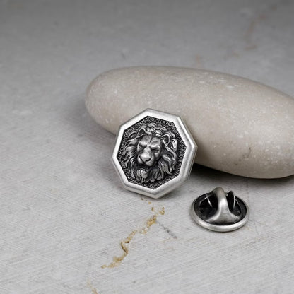 Octagon Pin Lion, Sterling Silver , Men's Brooch Pin, Lion Head, Medieval Pin, Jewelry Accessories, Lapel Badge, Wedding Men Gifts