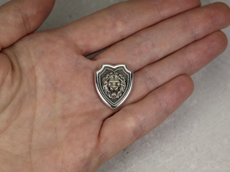 Lion Head Shield Pin Brooch, Medieval Lapel Badge, Jewelry Accessories, Sterling Silver