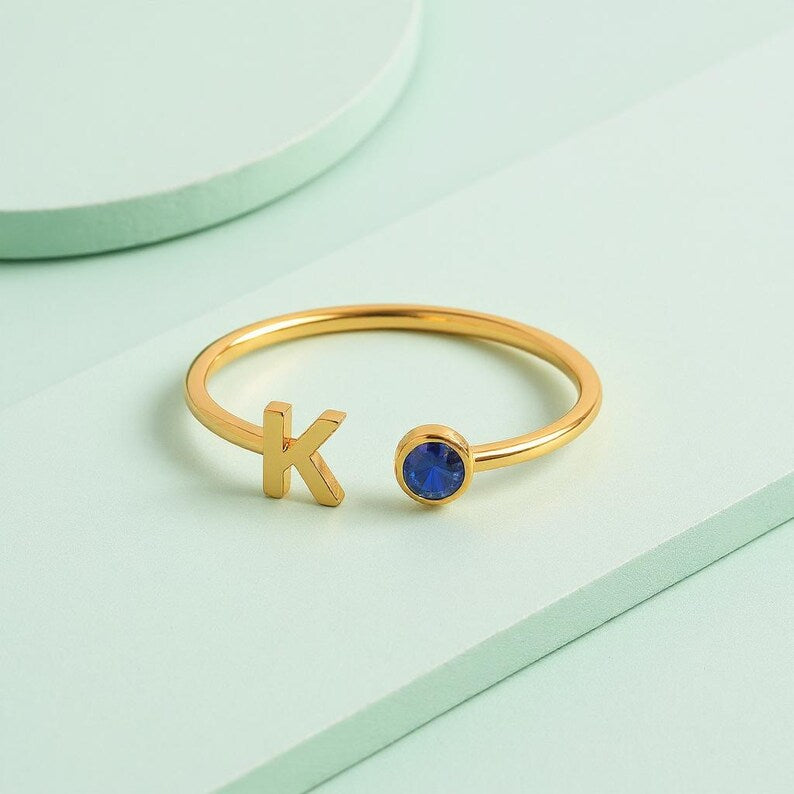 nitial Birthstone Ring, Birthstone Custom Ring, Letter Keepsake Ring, Letter Wedding Ring, Birthstone Personalized Ring, Name Initial Ring