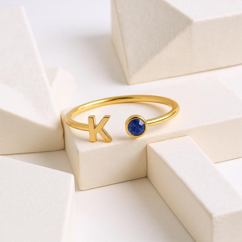 nitial Birthstone Ring, Birthstone Custom Ring, Letter Keepsake Ring, Letter Wedding Ring, Birthstone Personalized Ring, Name Initial Ring