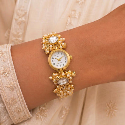 Gold-Tone Kashmiri Kundan Ghungroo Bracelet Watch for Women with Pearl Detailing