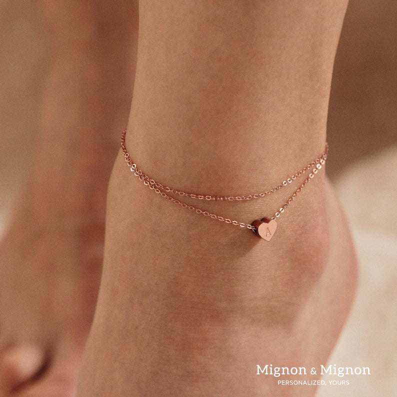 Personalized Anklets for Women Ankle Jewelry Gift for Her Initial Foot Bracelet Birthday Gift for Her Dainty Heart Summer Beach Jewelry