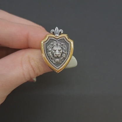 Leo Zodiac Lion Shield Brooch Pin – Fleur-de-Lis Gold Plated Sterling Silver Lapel Badge