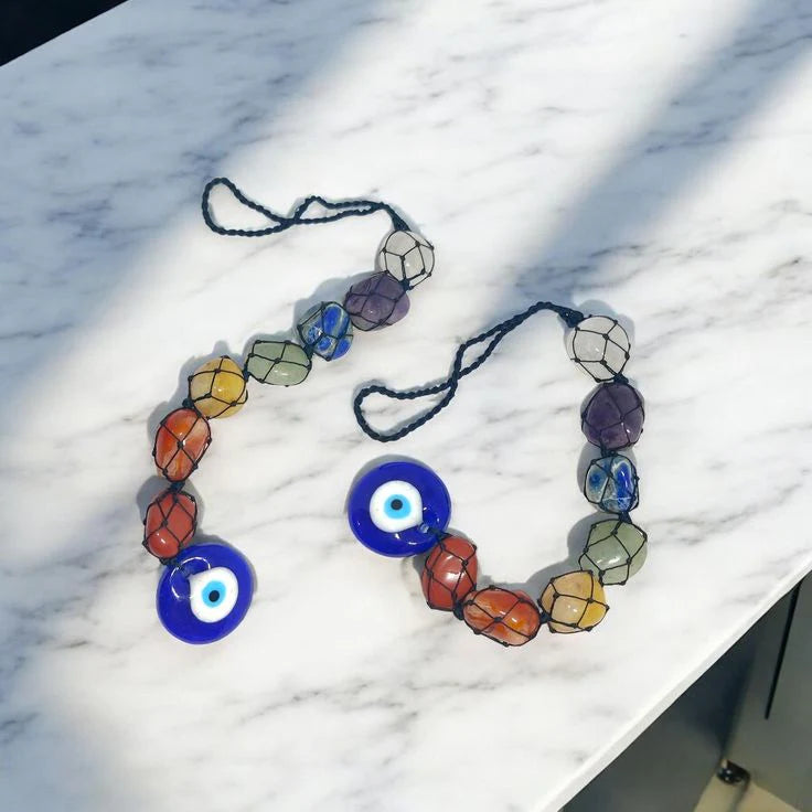 Natural Sevan Chakra Tumble Stone Hanging With Evil Eye Protection