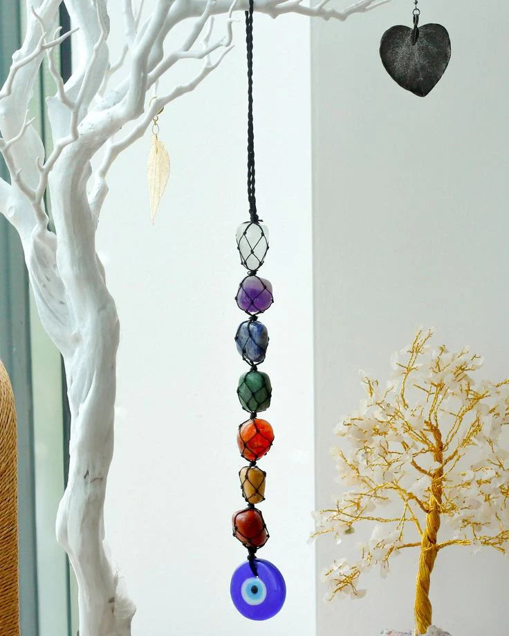 Natural Sevan Chakra Tumble Stone Hanging With Evil Eye Protection