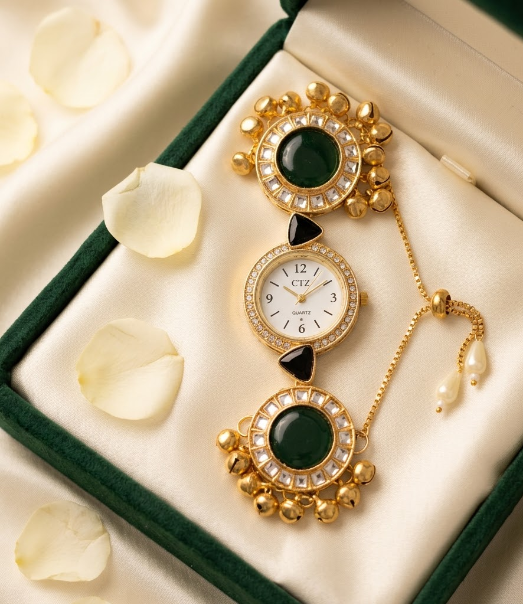 Ethnic Green Cabochon Ghungroo Adjustable Bracelet Watch