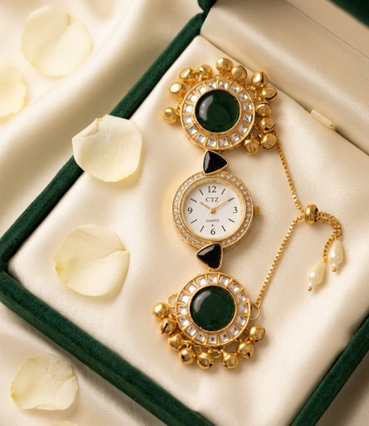 Ethnic Green Cabochon Ghungroo Adjustable Bracelet Watch