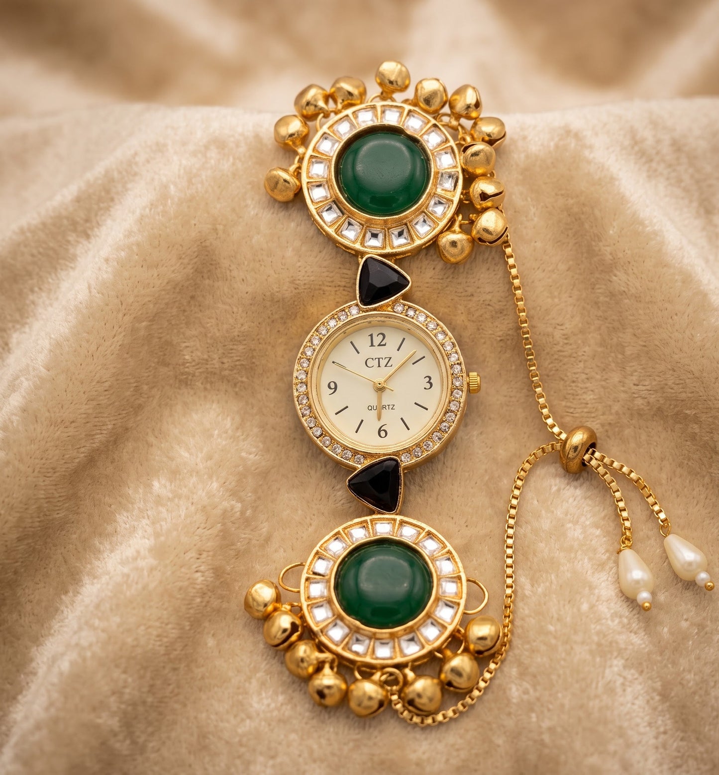 Ethnic Green Cabochon Ghungroo Adjustable Bracelet Watch