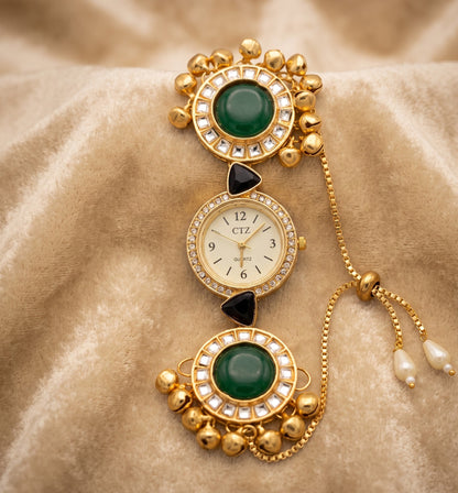 Ethnic Green Cabochon Ghungroo Adjustable Bracelet Watch