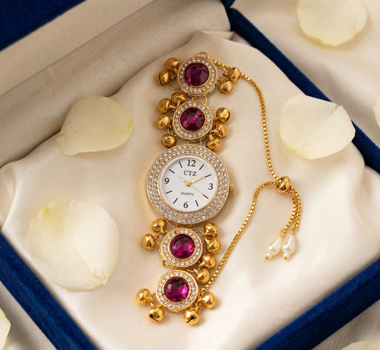 Ruby Red Kundan Ghungroo Jewellery Watch for Women with Pearl Drops