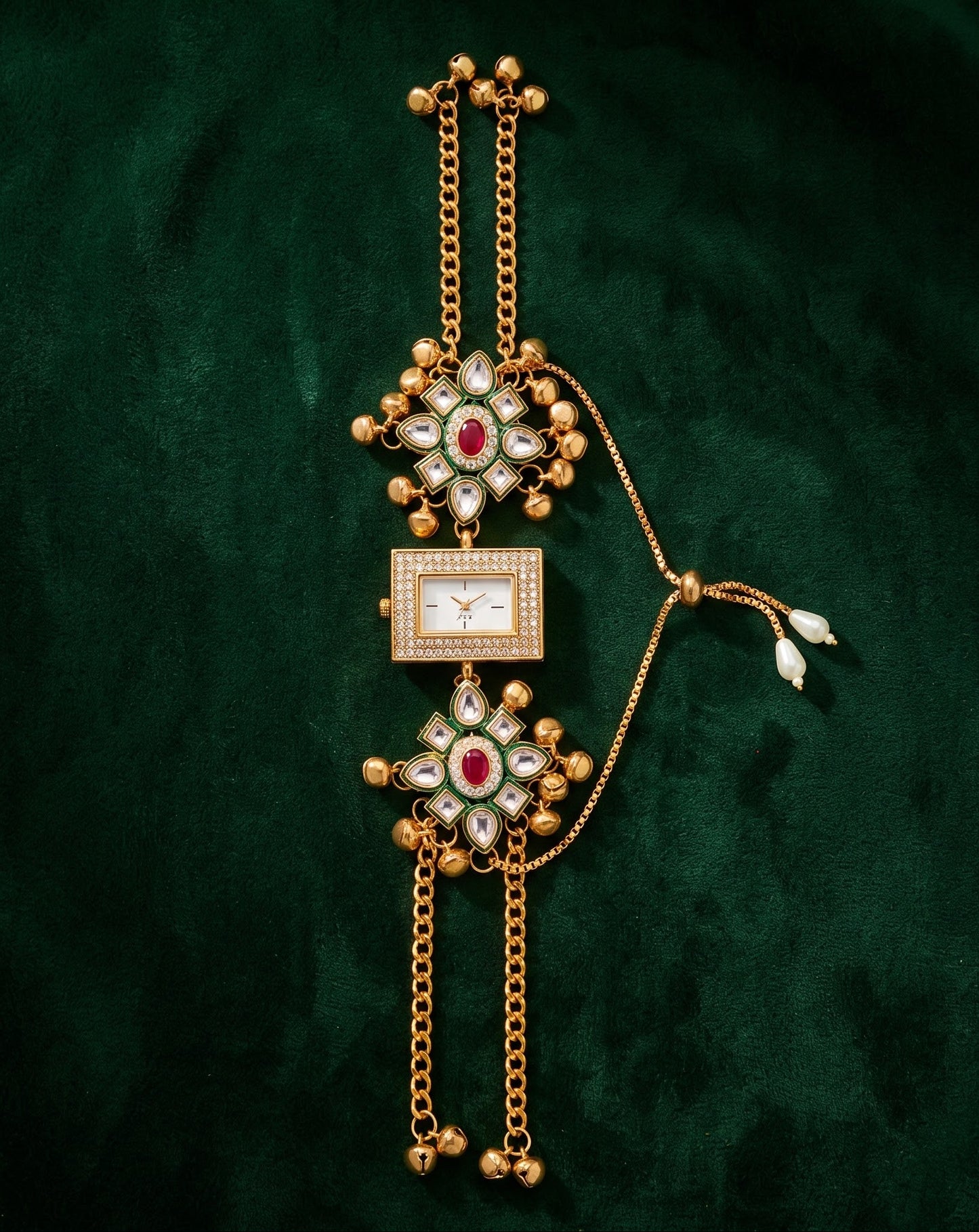 Ethnic Rectangular Ruby Green Kundan Ghungroo Watch