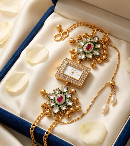 Ethnic Rectangular Ruby Green Kundan Ghungroo Watch